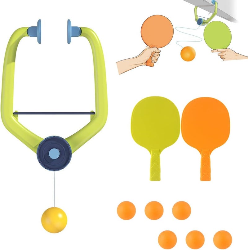 SquEqu Hanging Table Tennis Trainer with Doorway Clip Ping Pong Paddles Rackets and 6 Balls Table Tennis Training Set No Table Game for Kids Indoor Sports Door Frames Attachement Hit Shot Practice - Image 1